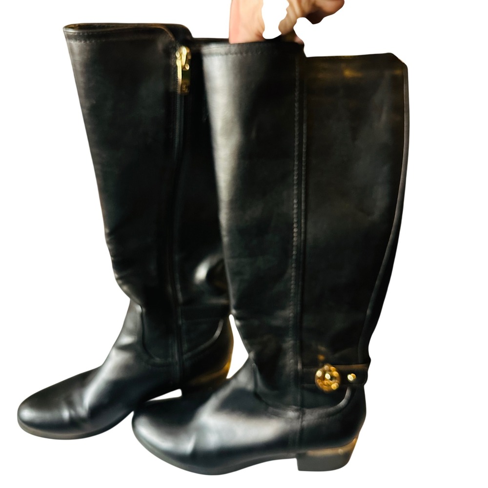 Liz Claiborne Black Leather Knee High Boots Women's Size 6.5 M Gold Accent